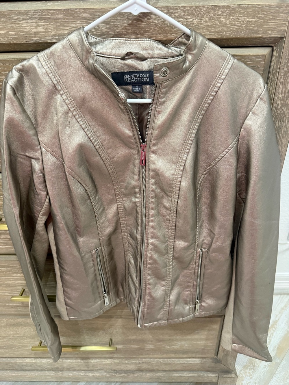 Kenneth Cole Reaction Metallic Rose Gold Zip-Front Leather Jacket